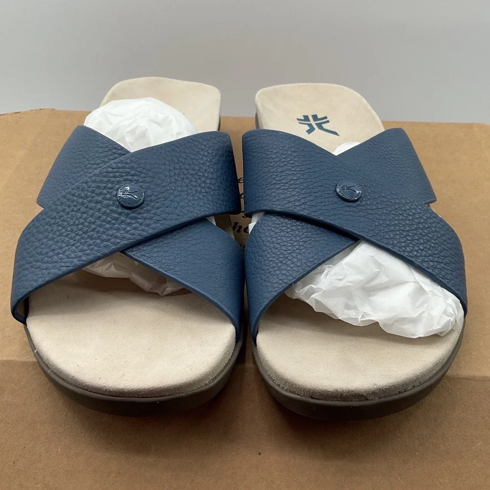 Kuru Footwear Blue Leather Criss Cross Slide Sandals Comfort Arch Support 9M